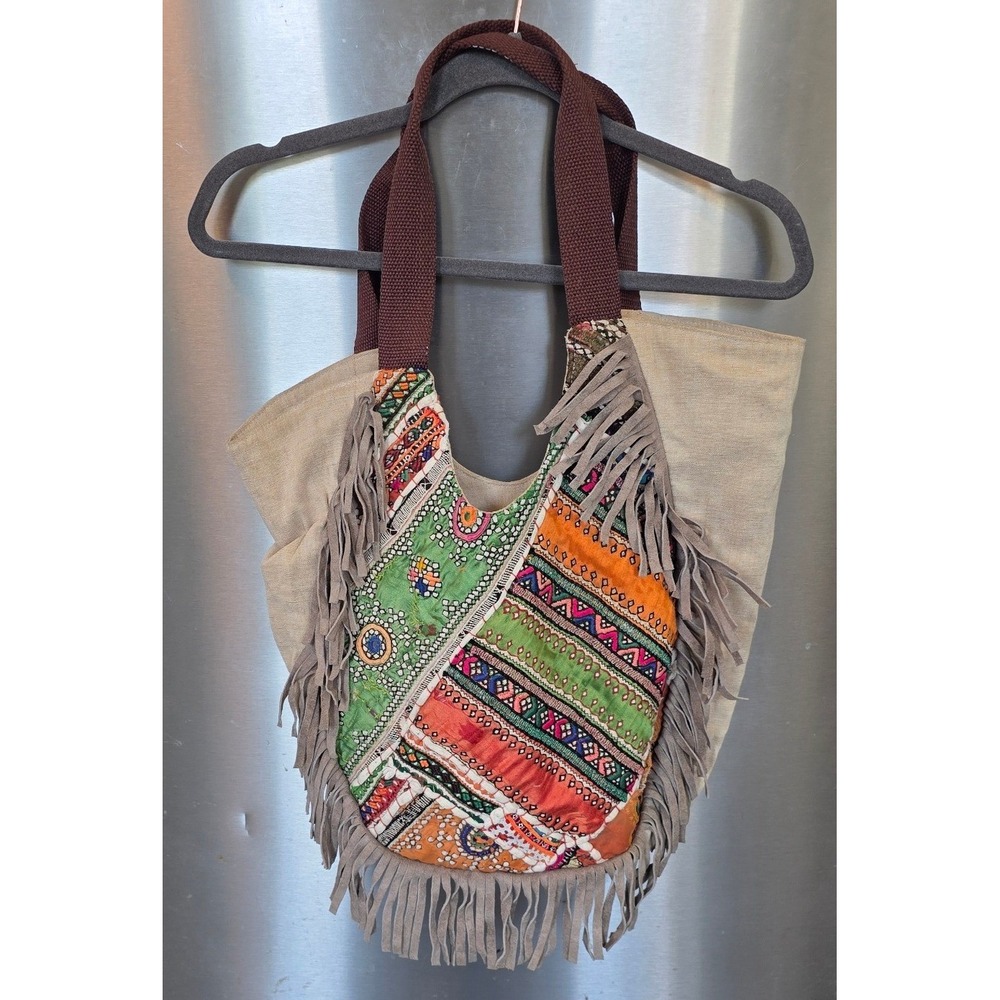 Ricki Designs Women OS Tote Bag Tan Multicolor Embroidered Fringe Boho Festival